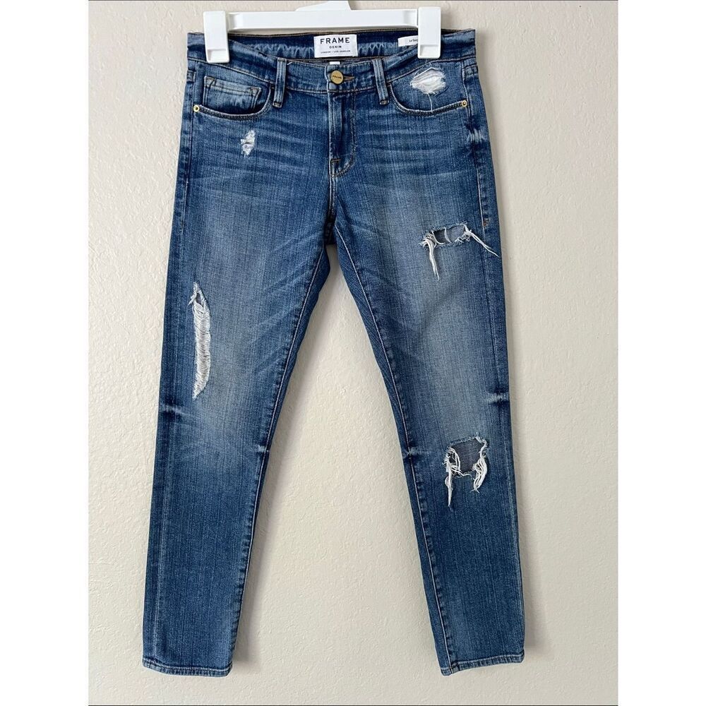 EUC FrameβDenim Le Gracon Skinny Distressed Mid Blue Jeans in Size 24